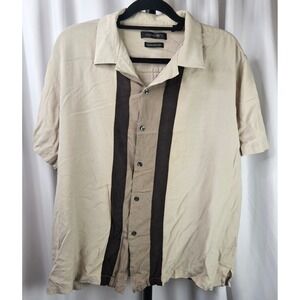 AXIST 100% Silk Taupe Button Up Shirt Bowling Style Short Sleeve‎ Menswear Sz XL